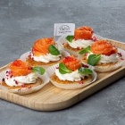 Pancake with tender salted salmon, red fish caviar and lime cream (1 pc/80 gr)