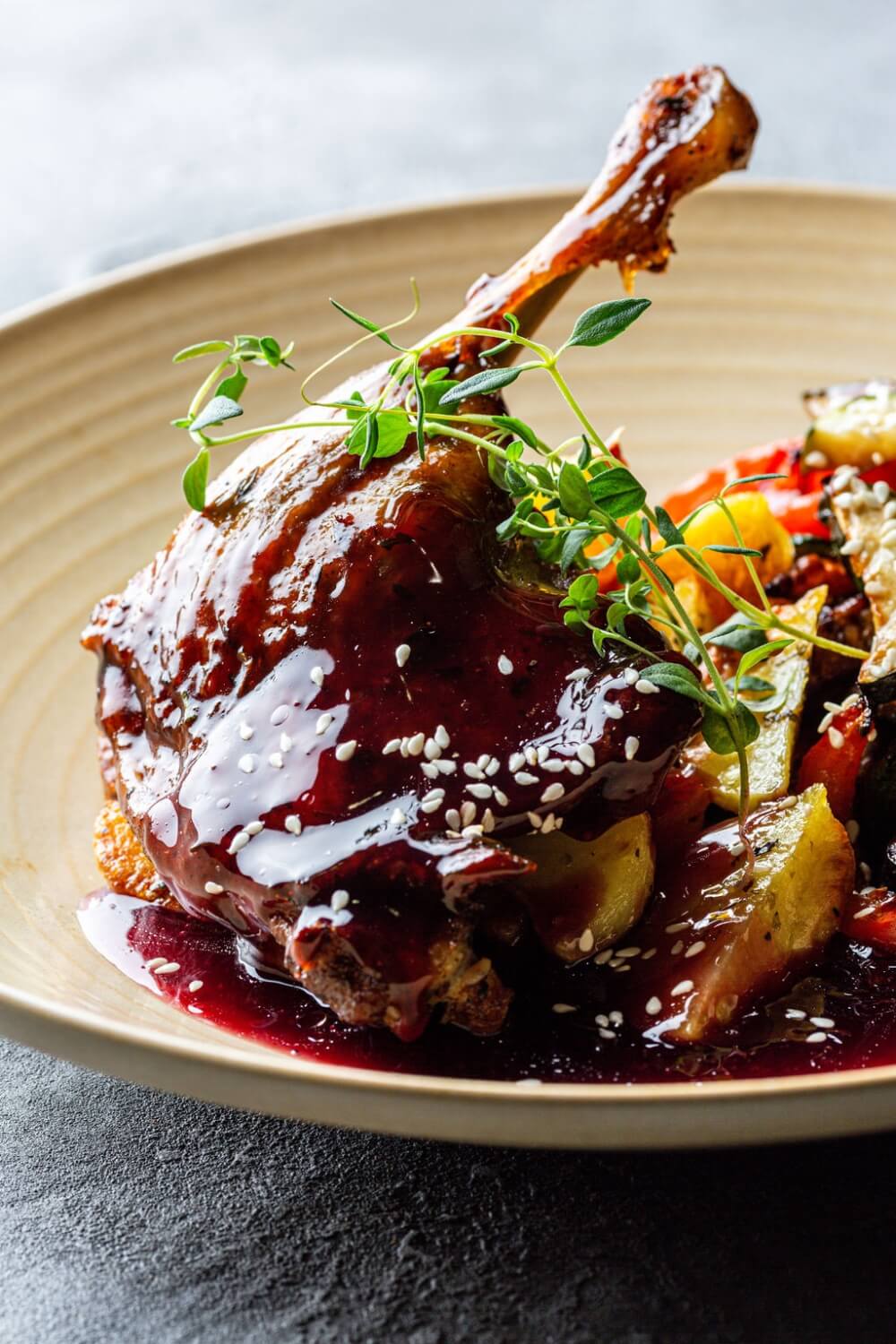 Duck Leg Confit in Red Wine - Pomegranate Sauce